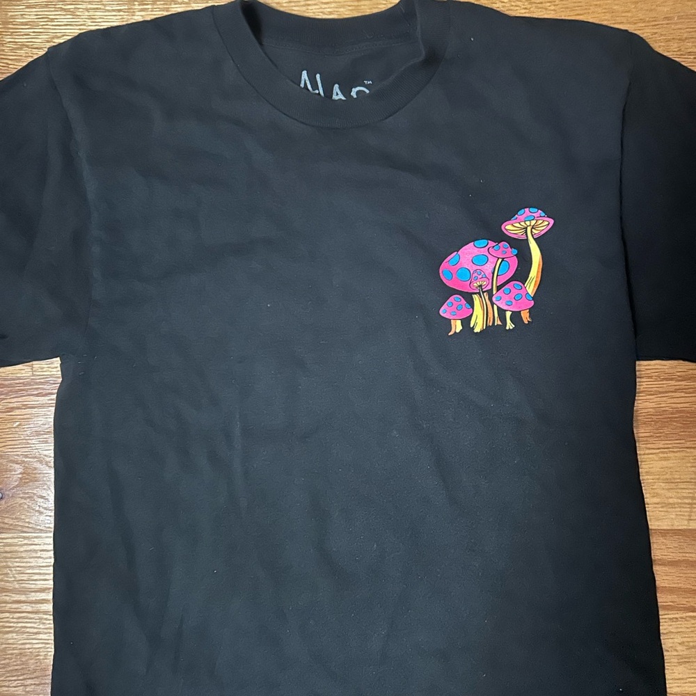 Black T-Shirt with Colorful Mushroom Design